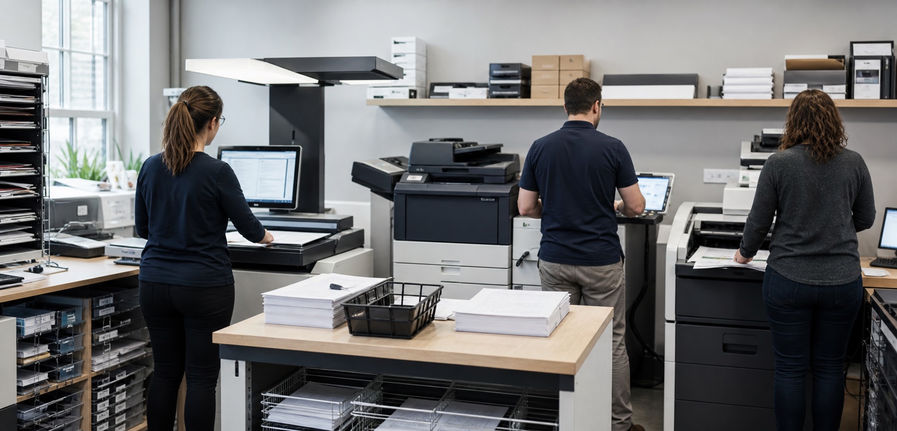 Mitarbeitende digitalisieren und drucken Dokumente in einem Copy-Center